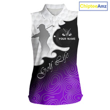 Load image into Gallery viewer, Custom Sleeveless Womens Golf Polo Shirt Purple Black Gradient, Personalized Name Golf Shirt, Gift For Golfer NHT828