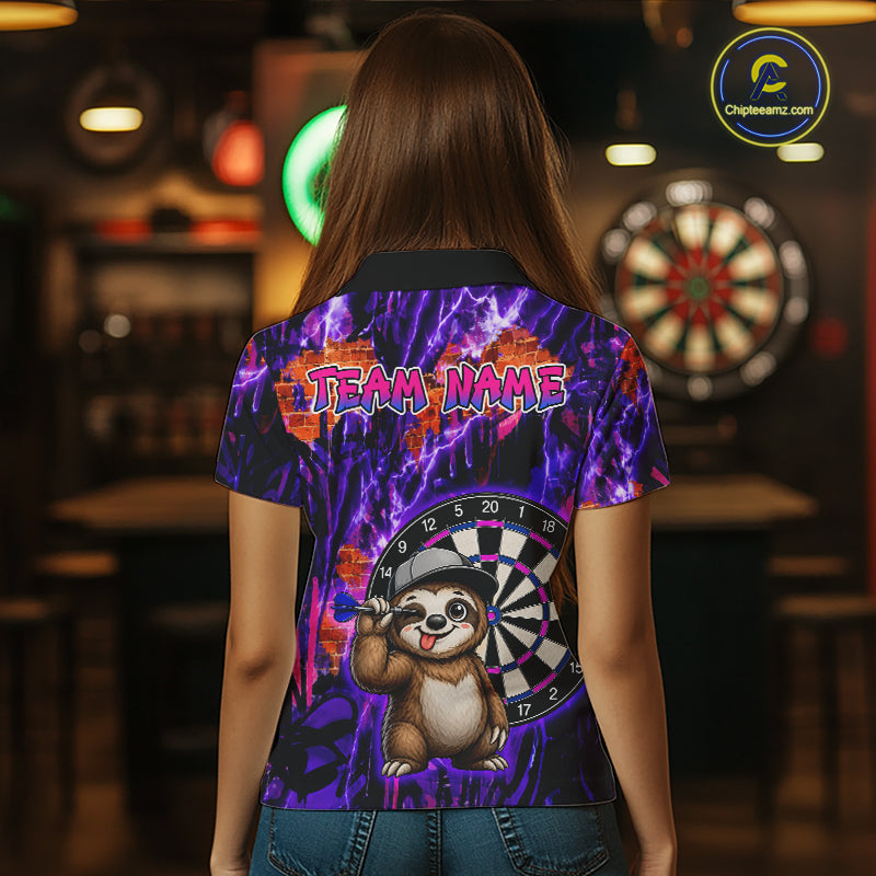 Person wearing a colorful shirt with a darts design and text 'Your Name' in a bar setting.