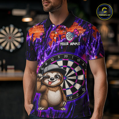 Person wearing a colorful polo shirt with a cartoon sloth holding a dart and a dartboard design.