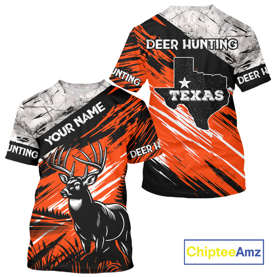 Deer Hunting Shirt 3D All Over Print Orange Black Gray Camo Deer With TX Flag Season NHT64