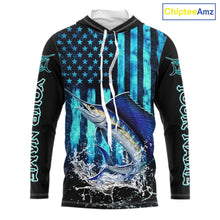 Load image into Gallery viewer, Custom Patriotic Sailfish Fishing Shirts Long Sleeve Hooded, Blue American Flag Sailfish Saltwater Fishing Shirt NHT616