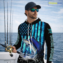 Load image into Gallery viewer, Custom Patriotic Sailfish Fishing Shirts Long Sleeve Hooded, Blue American Flag Sailfish Saltwater Fishing Shirt NHT616