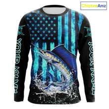 Load image into Gallery viewer, Custom Patriotic Sailfish Fishing Shirts Long Sleeve, Blue American Flag Sailfish Saltwater Fishing Shirt NHT616