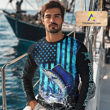 Load image into Gallery viewer, Custom Patriotic Sailfish Fishing Shirts Long Sleeve, Blue American Flag Sailfish Saltwater Fishing Shirt NHT616