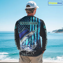 Load image into Gallery viewer, Custom Patriotic Sailfish Fishing Shirts Long Sleeve, Blue American Flag Sailfish Saltwater Fishing Shirt NHT616