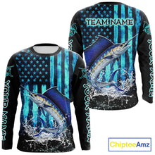 Load image into Gallery viewer, Custom Patriotic Sailfish Fishing Shirts Long Sleeve, Blue American Flag Sailfish Saltwater Fishing Shirt NHT616