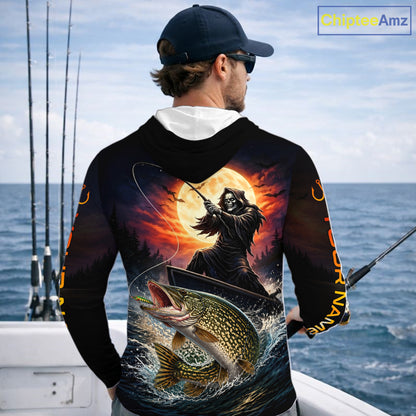 Personalized Fish Reaper Fishing Shirts Jerseys, Fish Reaper Sunset Pike Fishing Shirts Long Sleeve Hooded NHT830