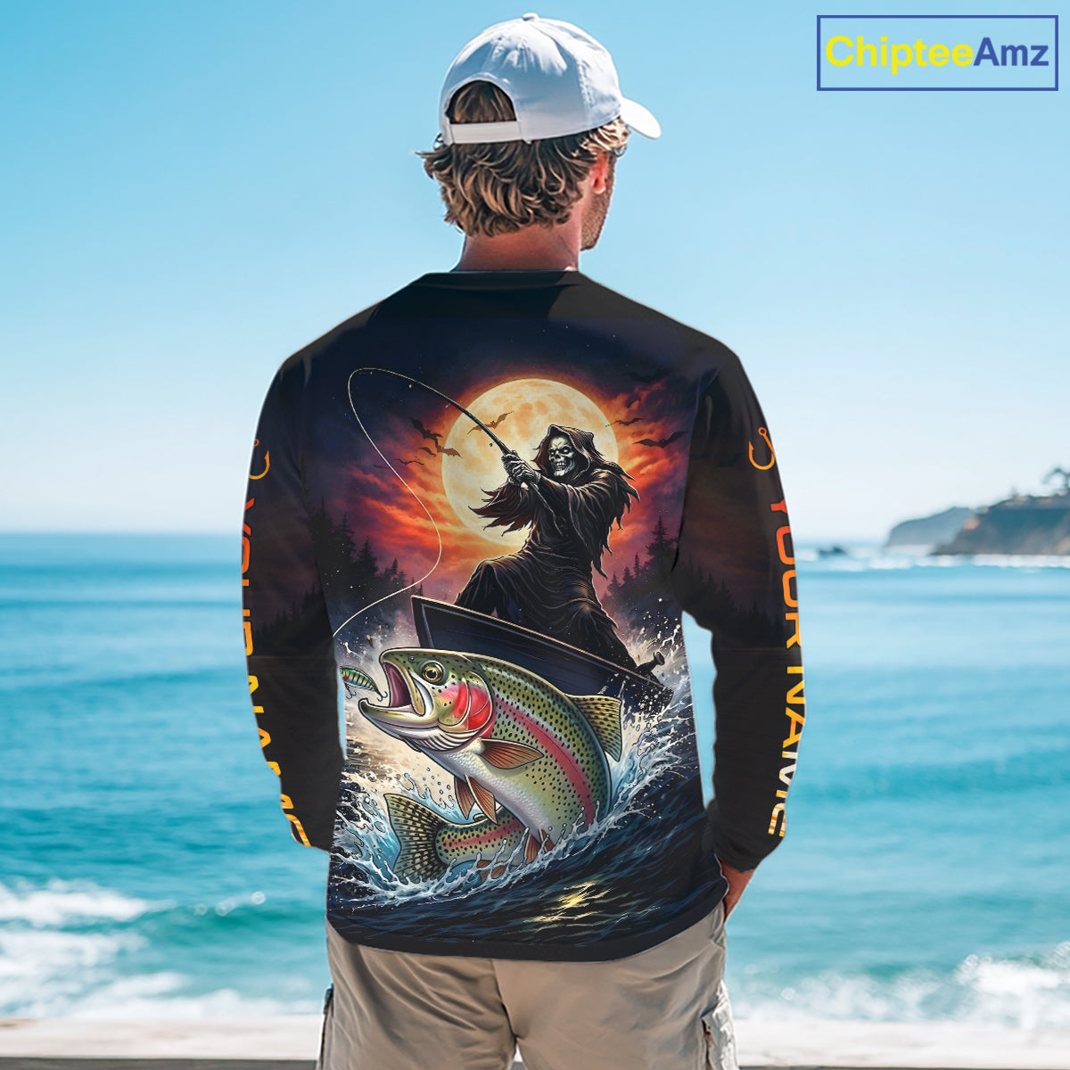 Personalized Fish Reaper Fishing Jerseys, Fish Reaper Sunset Rainbow Trout Fishing Shirts Long Sleeve NHT832