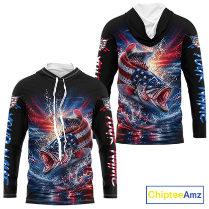 Patriotic Bass Fishing Long Sleeve Hooded Shirt – American Flag Design For Men