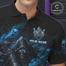 Load image into Gallery viewer, Black polo shirt with grim reaper design and 'Your Name' text, brand logo visible.