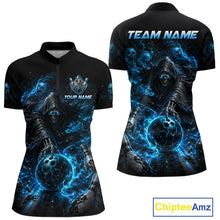 Load image into Gallery viewer, Black polo shirt reaper with blue graphic design and 'Chiptee Amz' 