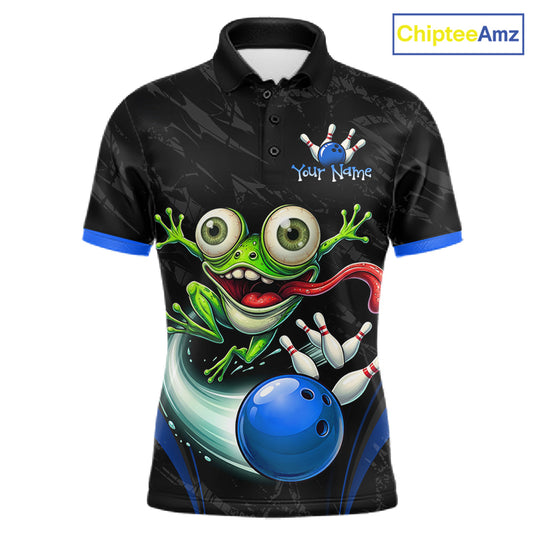 A black short-sleeve polo shirt with a vibrant bowling-themed graphic featuring a green cartoon frog, a blue bowling ball, and bowling pins. The shirt has blue trim on the collar and cuffs, and a customizable text placeholder 'Your Name' printed near the right chest.