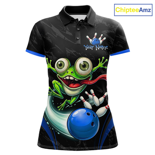 A women's short-sleeve polo shirt with a black and gray textured background, featuring a large cartoon frog holding bowling pins next to a blue bowling ball. The shirt has blue trim on the collar and sleeve cuffs, and a customizable text placeholder 'Your Name' with a bowling pin graphic on the chest.