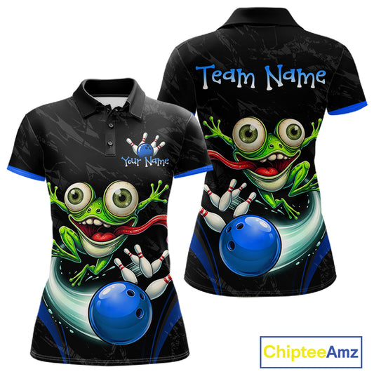 Front and back views of a custom black short-sleeve polo shirt with a cartoon frog holding bowling pins and a blue bowling ball, featuring customizable text placeholders 'Your Name' and 'Team Name'.