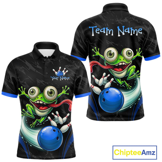 Front and back views of a black short-sleeve bowling-themed polo shirt with a large green cartoon frog, blue bowling ball, and customizable text areas reading 'Team Name' and 'Your Name'.