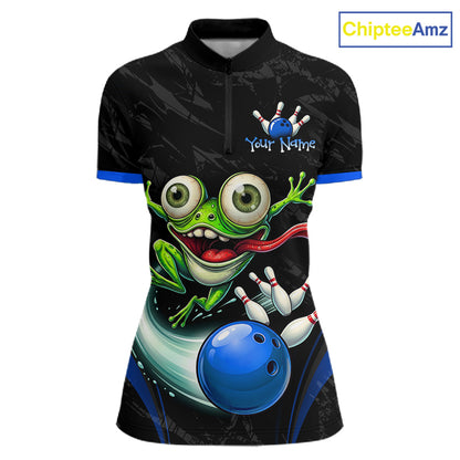 A black short-sleeve cycling jersey with a colorful graphic of a green frog holding bowling pins next to a blue bowling ball. The jersey has blue trim on the collar and sleeve cuffs, and a mock zip collar.