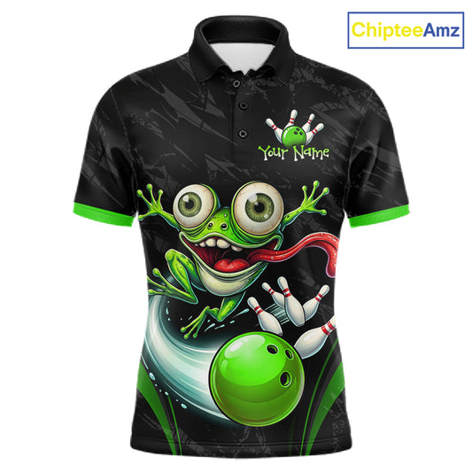 A black short-sleeve polo shirt with a vibrant green cartoon frog and bowling ball graphic on the front, featuring green trim on the collar and cuffs, and a 'Your Name' customization placeholder on the chest. A 'ChipteeAmz' logo is visible in the top right corner.