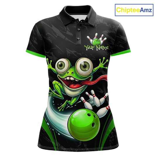 A women's short-sleeve polo shirt with a black background and a large green cartoon frog and bowling ball graphic on the front. The shirt has green trim on the collar, sleeve cuffs, and sides, and includes a 'Your Name' customization placeholder on the chest.