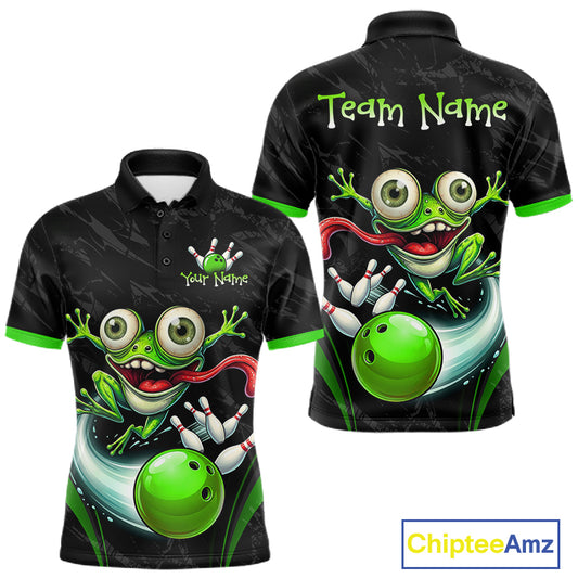 Front and back views of a black short-sleeve polo shirt with a vibrant green cartoon frog and bowling ball graphic, customizable text placeholders, and green trim on the collar, sleeves, and cuffs. A 'ChipteeAmz' logo is visible in the bottom right corner.
