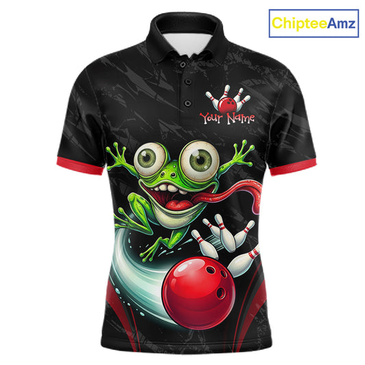 A black short-sleeve polo shirt with a colorful graphic of a green cartoon frog, a red bowling ball, and bowling pins. The shirt has red trim on the collar and sleeve cuffs, and a 'Your Name' placeholder logo on the chest.