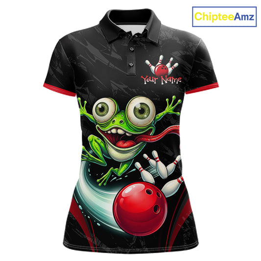 A women's short-sleeve polo shirt with a black background and a large graphic of a green cartoon frog bowling with a red bowling ball. The shirt has red trim on the collar and sleeve cuffs, and a customizable text placeholder 'Your Name' with a bowling pin icon on the left chest.