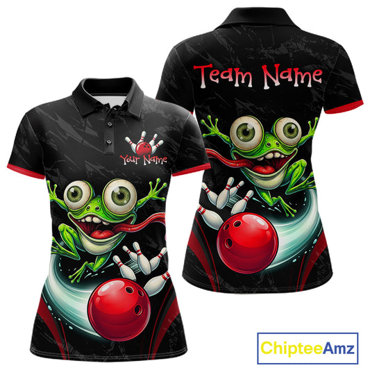 Front and back views of a black short-sleeve polo shirt with a colorful cartoon frog and bowling ball graphic, red trim on the sleeves and collar, and customizable text placeholders on the chest and back. A ChipteeAmz logo is visible in the bottom right corner.
