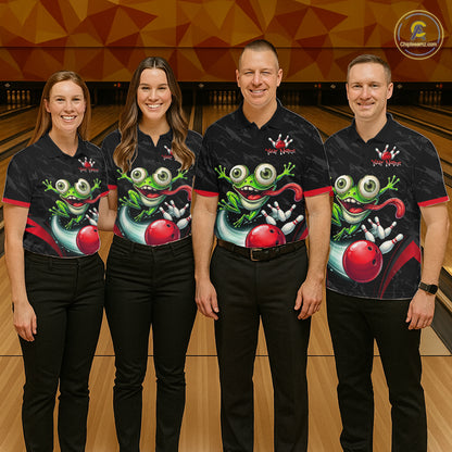 Funny Frog Bowling Polo Shirt 1/4 Zip Personalized Custom Name Red Bowling Ball Jersey For Women NHT1298