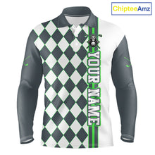 Load image into Gallery viewer, Long-sleeve shirt with argyle pattern and green text on a white background, branded 'ChipteeAmz'.