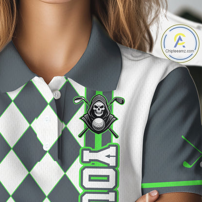Gray and white checkered polo shirt with a unique design on a mannequin
