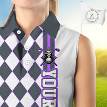 Load image into Gallery viewer, Person wearing a sleeveless polo shirt with a skull and crossbones design on a blurred golf course background