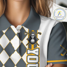 Load image into Gallery viewer, Gray and white checkered polo shirt with a skull and golf clubs design on a mannequin.