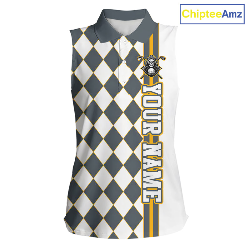 Sleeveless polo shirt with argyle pattern and skull design on a white background, branded 'ChipteeAmz'.