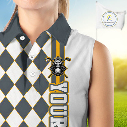 Sleeveless polo shirt with argyle pattern and skull design on a white background, branded 'ChipteeAmz'.