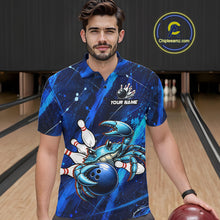 Load image into Gallery viewer, Man wearing a blue bowling-themed shirt with a crab design in a bowling alley.