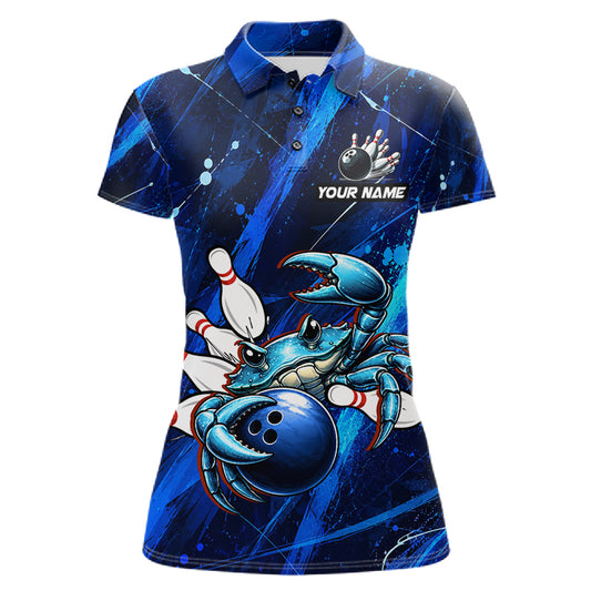 Personalized Blue Crab Women Bowling Shirt, Custom Royal Blue Splatter Jersey Polo & Quarter-Zip 