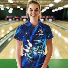 Load image into Gallery viewer, Person wearing a blue bowling shirt with a design in a bowling alley