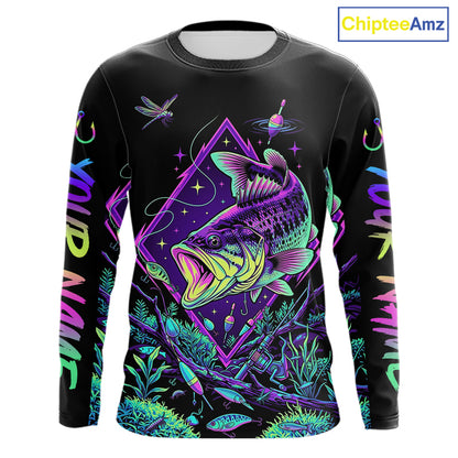Neon Bass Fishing Shirts Long Sleeve  – Largemouth Bass Galaxy Glow Graphic Gift For Men Dad  NHT853