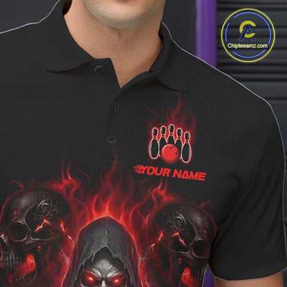 A man wearing a black short-sleeve polo shirt with a custom bowling-themed graphic print. The design features a red bowling ball and pins with red and white flames, and the text 'YOUR NAME'.