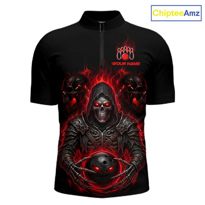 A black short-sleeve zip-up shirt with a bold red and black graphic of a hooded skeleton holding a bowling ball, with skull faces behind it and the text 'YOUR NAME' and a bowling pin icon on the chest. A 'ChipteeAmz' logo is visible in the top right corner.