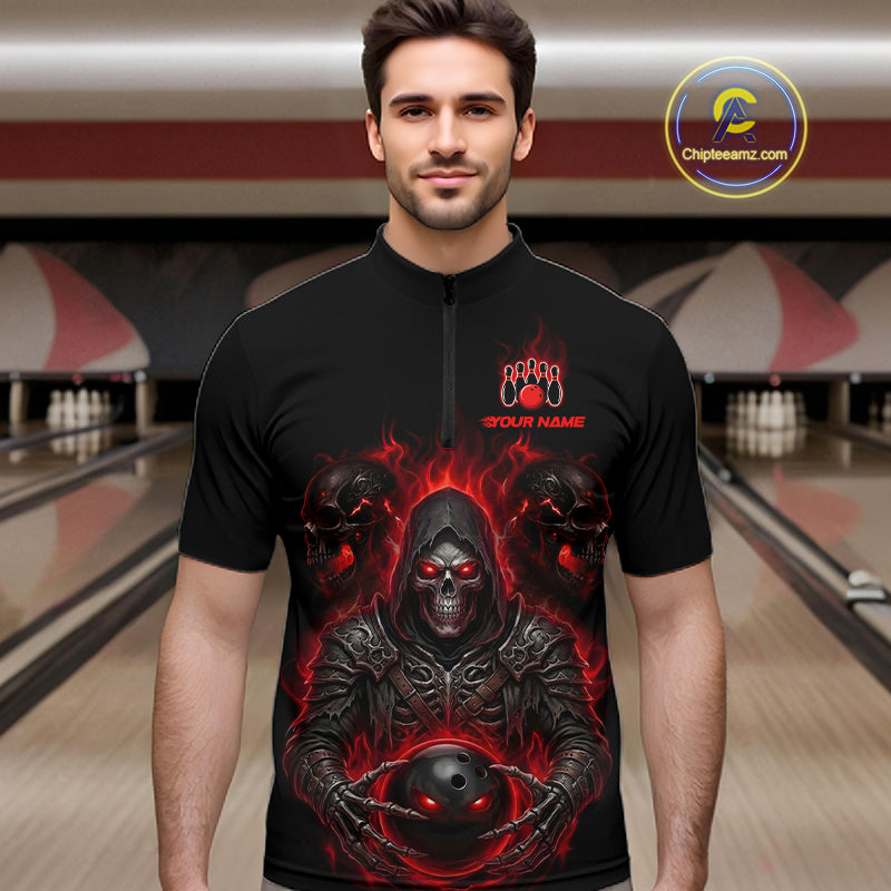 Personalized Men Bowling Jersey Custom Name Team Name Grim Reaper Skull Bowling Polo Shirt Gift NHT1316