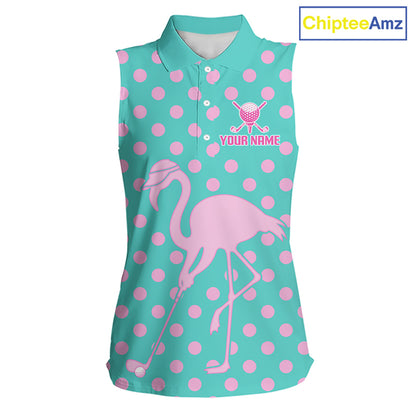 Women's Sleeveless Flamingo Golf Polo Shirt – Personalized Pink Flamingo Golf Jersey With Custom Name