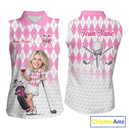 Personalized Argyle Style Funny Womens Sleeveless Golf Polo Shirt Gift For Mother Day – Custom Face Portrait Cartoon Design NHT662