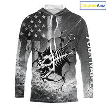 Load image into Gallery viewer, American Flag Fishing Fish Hook Skull Personalized Fishing Shirts, Hooded Patriotic Fishing Shirt Gift For Men NHT665