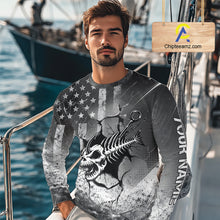 Load image into Gallery viewer, American Flag Fishing Fish Hook Skull Personalized Fishing Shirts, Patriotic Fishing Shirt Gift For Men NHT665