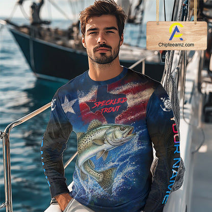 Texas Flag Speckled Trout Long Sleeve Fishing Jersey, Trout Saltwater Performance UV Shirt For Men 