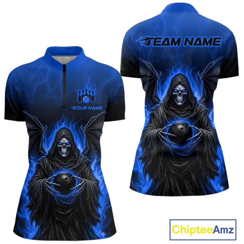 Front and back views of a short-sleeve polo shirt with a blue and black graphic design featuring a hooded skull figure holding a bowling ball, with customizable text areas on the chest and back, shown on a white background with a ChipteeAmz logo in the corner.