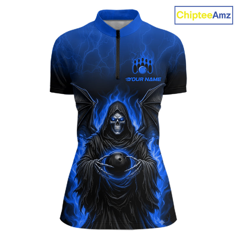 A women's short-sleeve quarter-zip performance shirt with a blue and black graphic of a grim reaper holding a bowling ball, featuring a custom name and bowling pins design on the chest. The ChipteeAmz logo is visible in the top right corner.