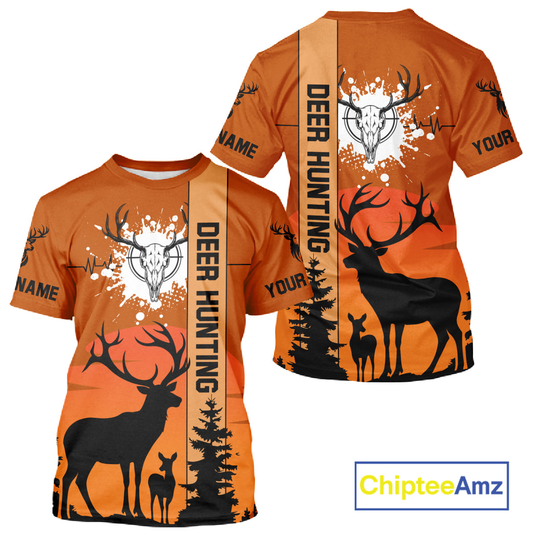 Custom Deer Hunting Shirt Orange 3D All Over Print with Deer Skull & Forest Silhouette NHT33