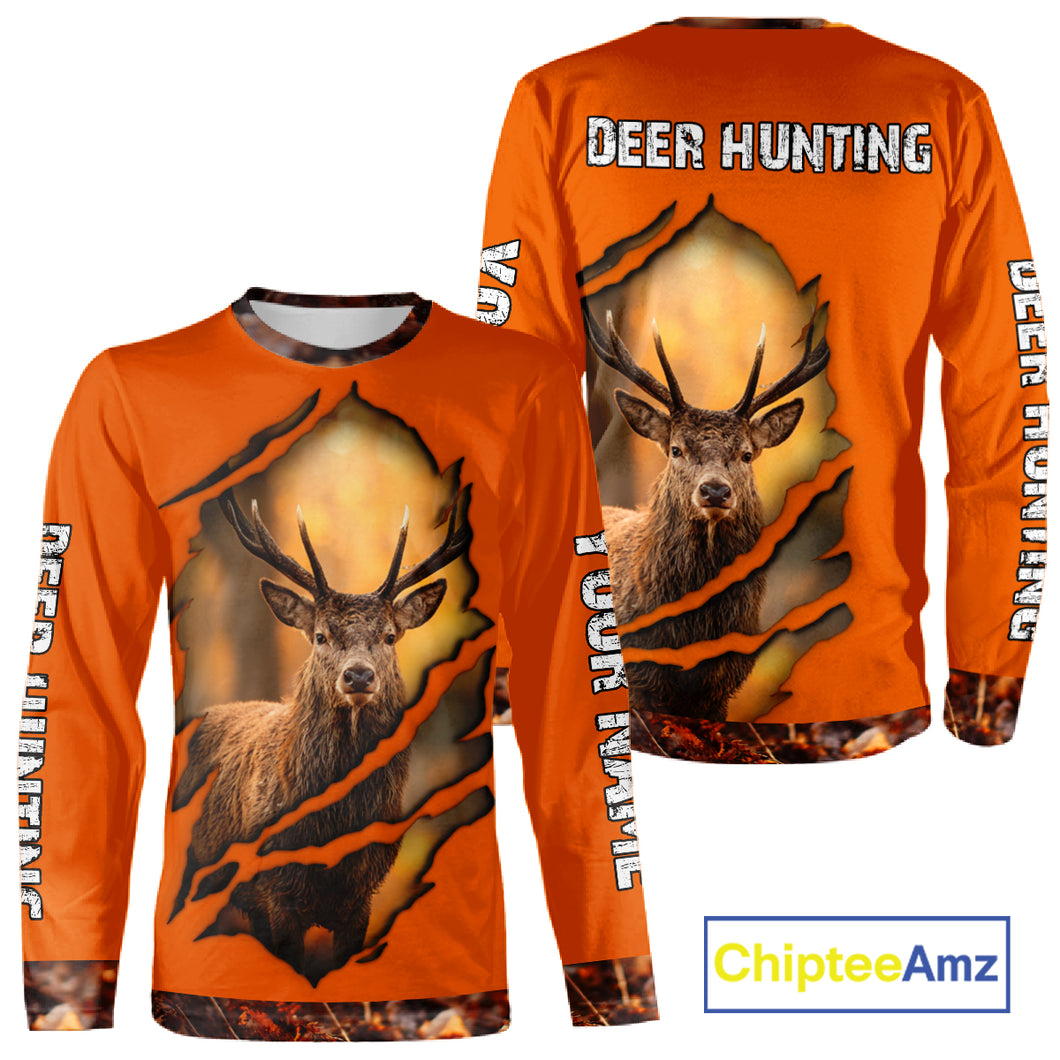 Deer Hunting Shirt Orange Forest Camo Hoodie, Long Sleeve Custom Name For Men NHT06