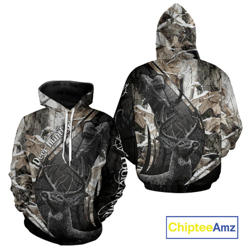 Custom 3D Deer Hunting Shirt With Black Deer Grim Reaper Winter Camo For Deer Hunting Season NHT74